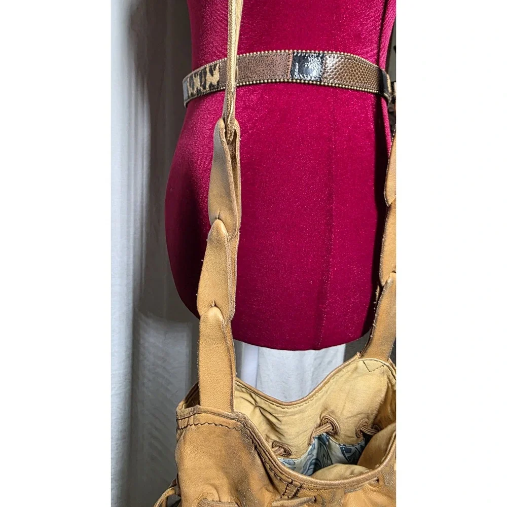 Lucky Brand Y2K Brown Lamb Leather Bucket Bag Boho Drawstring Crossbody Purse